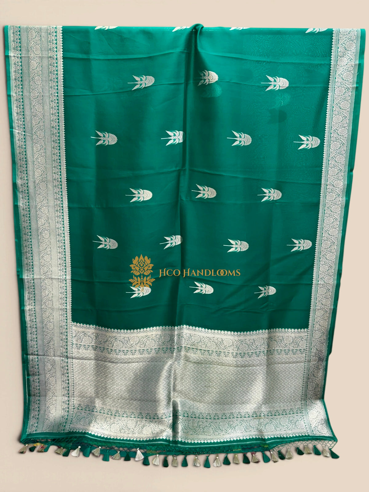 Sea Green Pure Kora Silk Handloom Banarasi Saree - All Over Kadhua Motifs