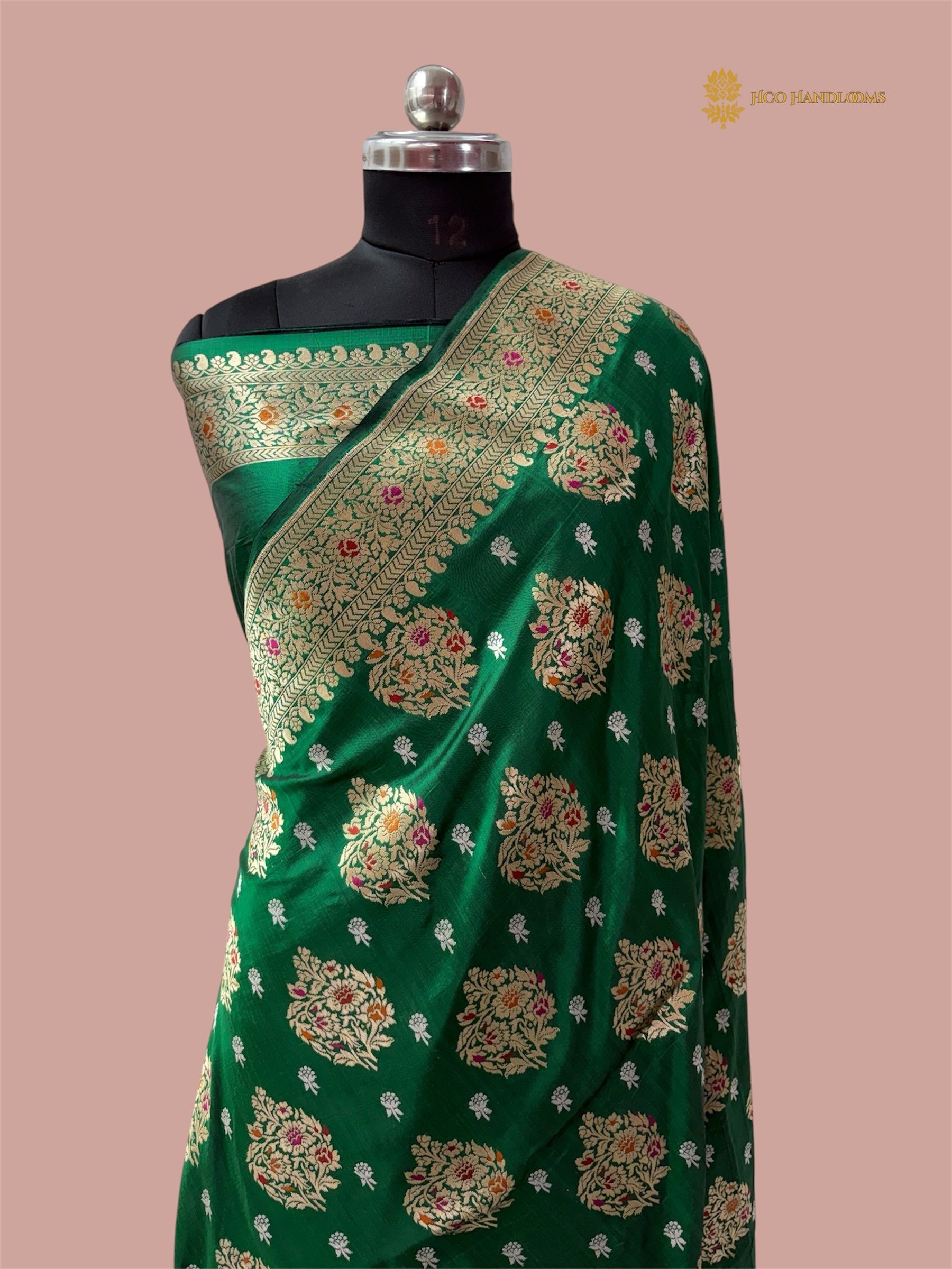 Regal Green Pure Katan Silk Handloom Banarasi Saree - All Over Meenakari Motifs