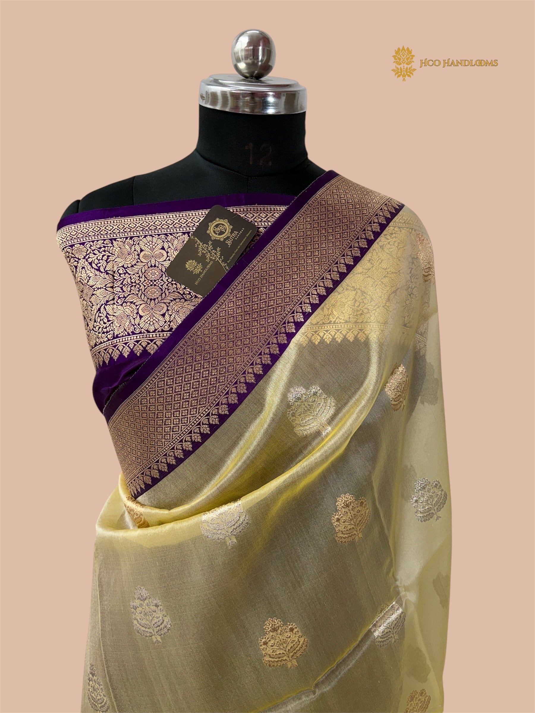 Yellow & Purple Pure Tissue Silk Handloom Banarasi Saree - All Over Kadua Motifs