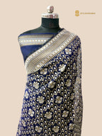 Navy Blue Premium Cotton Jamdani Banarasi Saree - All Over Jaal