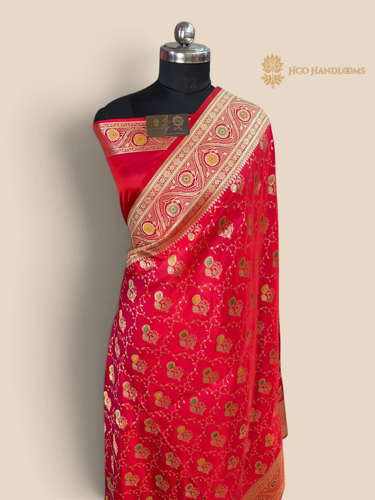 Cherry Red Mashru katan Satin Silk Banarasi Saree - Meenakari Jaal