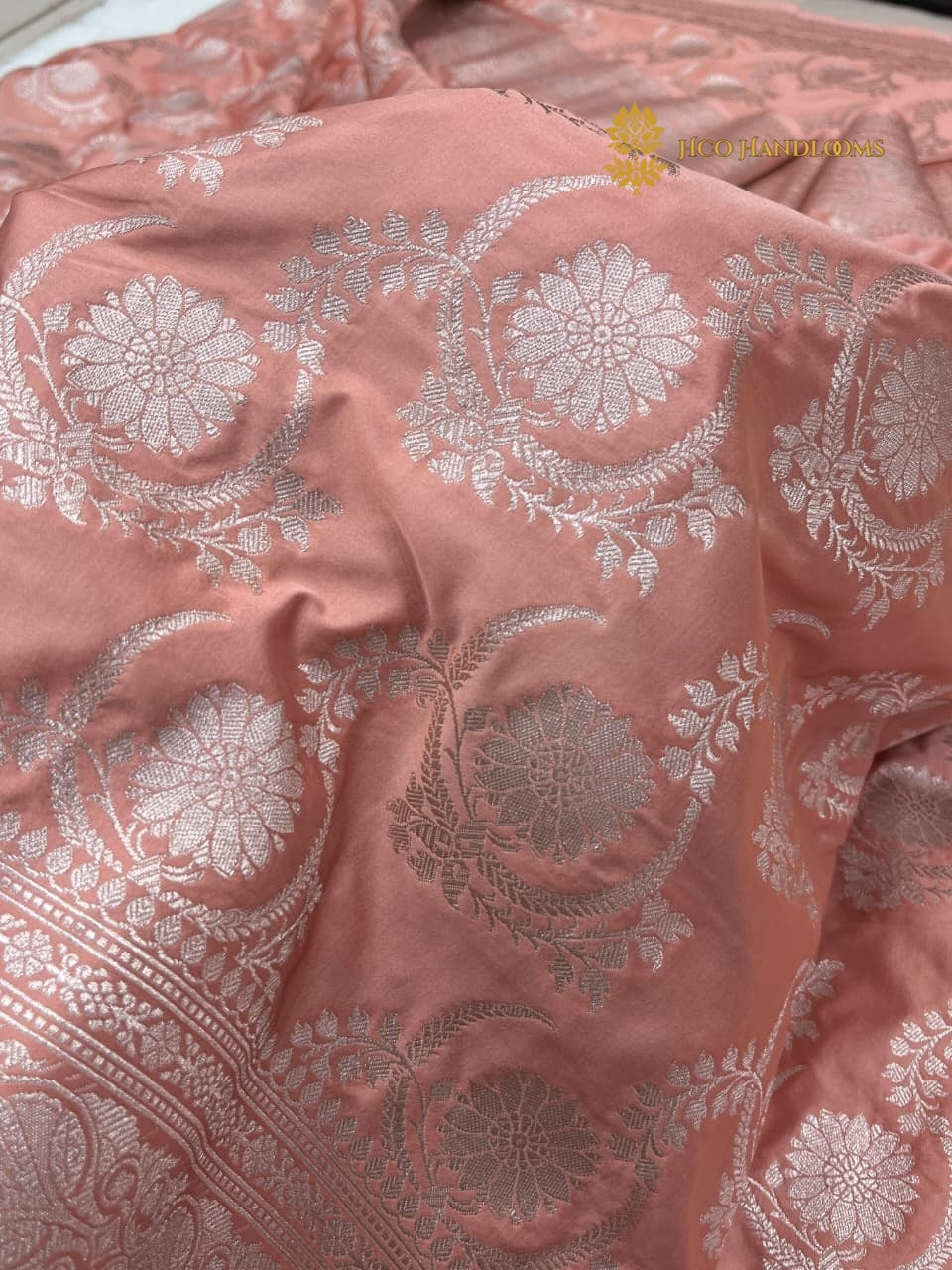 Peach Premium Mashru Katan Silk Banarasi Saree - All Over Jaal