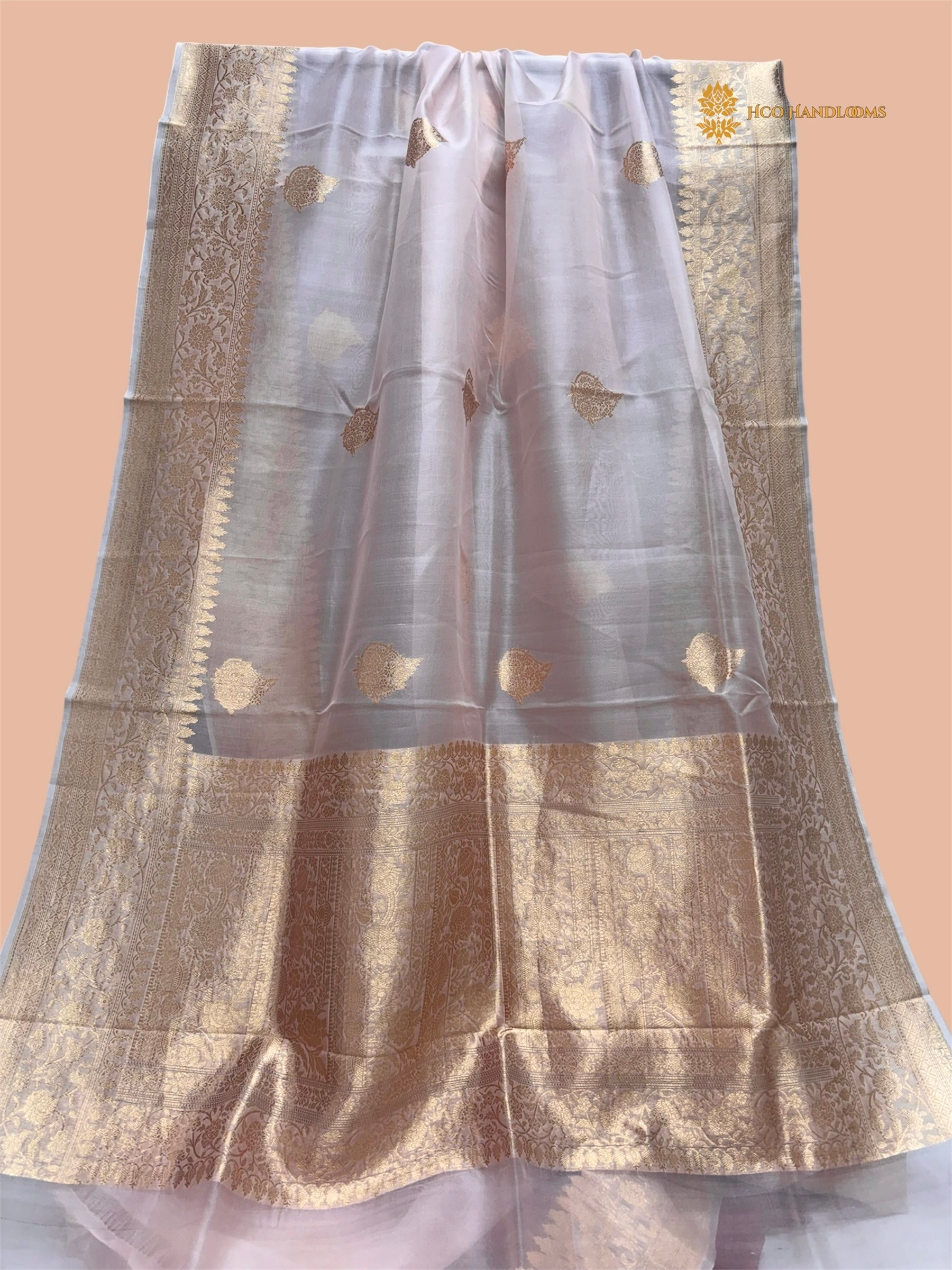 Light Pink Pure Kora Silk Handloom Banarasi Saree - All Over Kadua Motifs