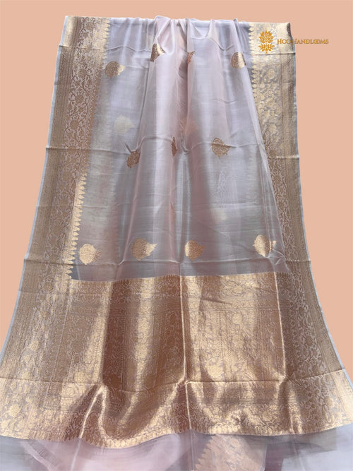 Light Pink Pure Kora Silk Handloom Banarasi Saree - All Over Kadua Motifs