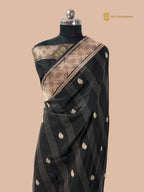 Regal Black Pure Katan Silk Handloom Banarasi saree - All Over Stripe Motifs