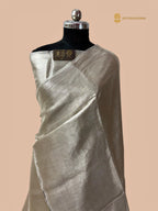 Silver Pure Molten Tissue Silk Tanchui Brocade Handloom Banarasi Saree