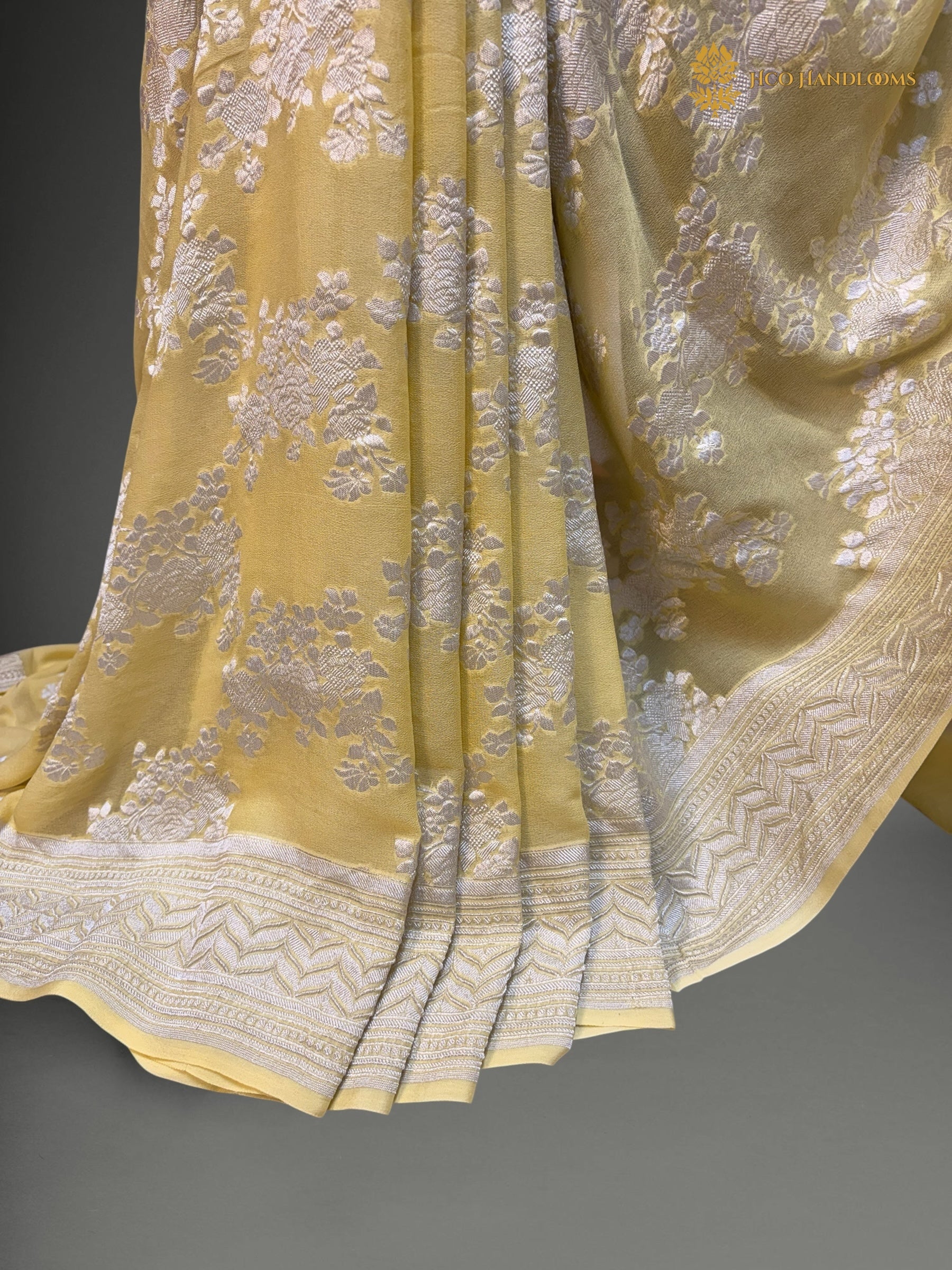 Yellow Pure Khaddi Georgette Silk Handloom Banarasi Saree - Silver Zari