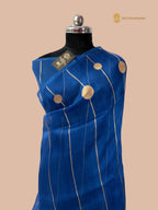 Regal Blue Pure Kora Silk Handloom Banarasi Saree - All Over Stripes