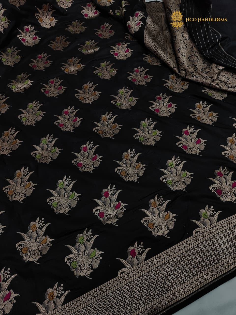 Black Pure Katan Silk Handloom Banarasi Saree - All Over Meenakari Motifs