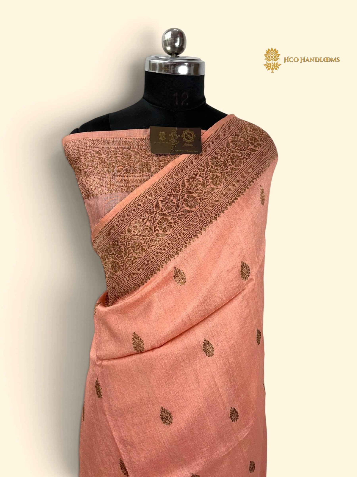 Peach Pure Tussar Silk Handloom Banarasi Saree - All Over Motifs