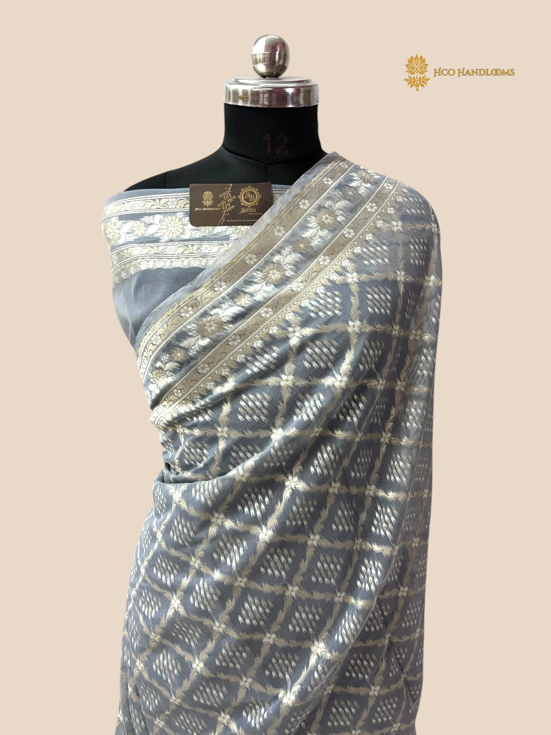 Pastel Blue Premium Cotton Jamdani Banarasi Saree - All Over Jaal