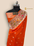 Orange Matka Tussar Silk Banarasi Saree - All Over Motifs & Paithani