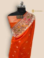 Orange Matka Tussar Silk Banarasi Saree - All Over Motifs & Paithani