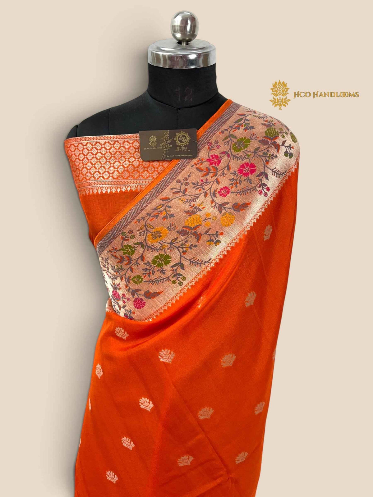 Orange Matka Tussar Silk Banarasi Saree - All Over Motifs & Paithani