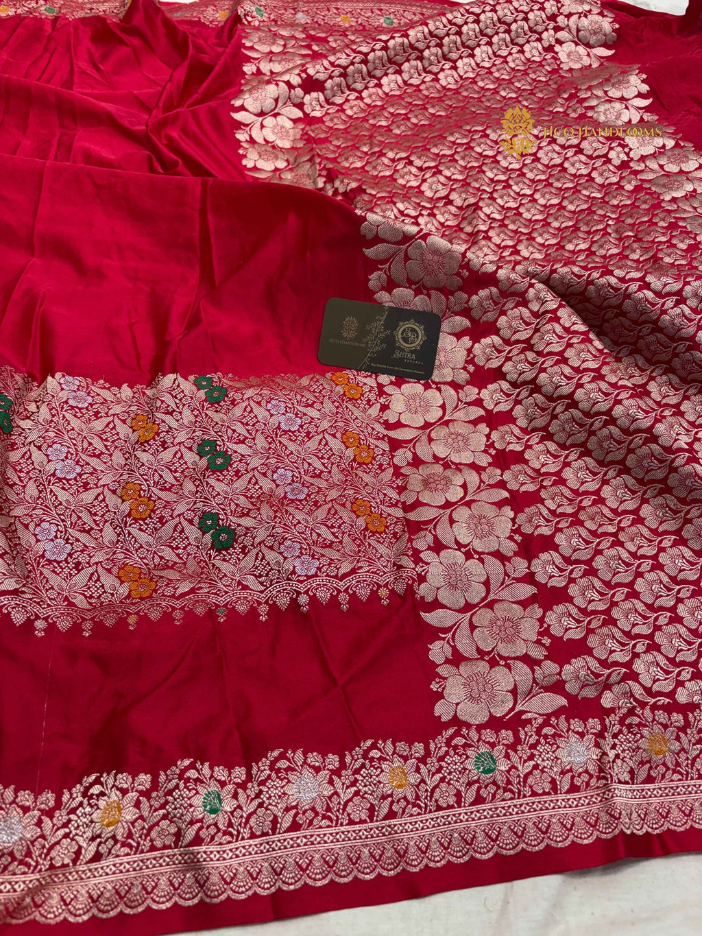 Cherry Red Premium Mashru katan Silk Banarasi Saree - All Over Meenakari Skirt