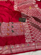Cherry Red Premium Mashru katan Silk Banarasi Saree - All Over Meenakari Skirt