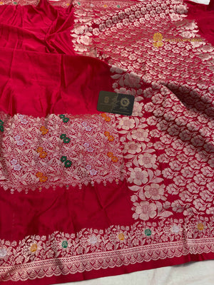 Cherry Red Premium Mashru katan Silk Banarasi Saree - All Over Meenakari Skirt