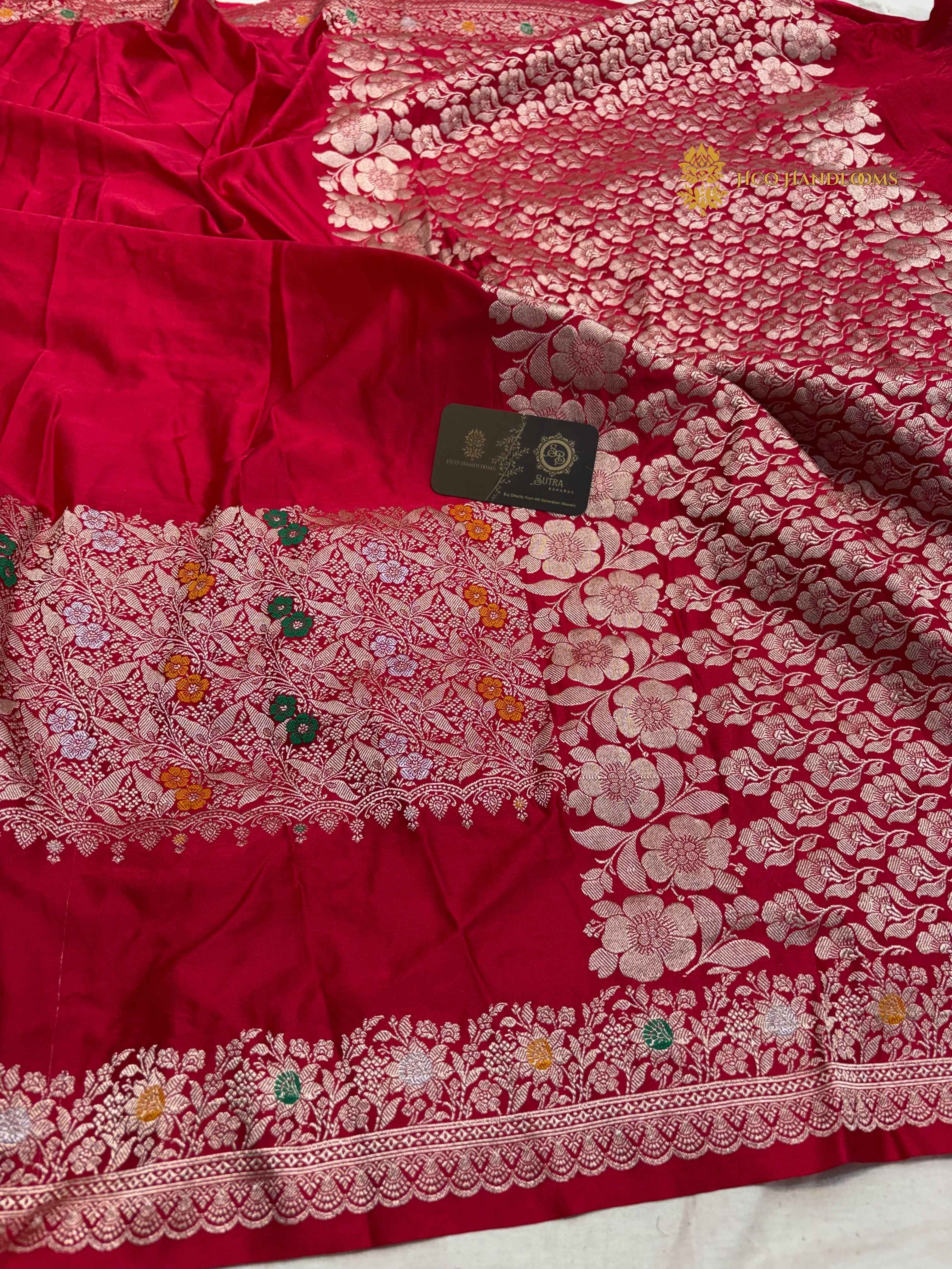 Cherry Red Premium Mashru katan Silk Banarasi Saree - All Over Meenakari Skirt