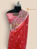 Pastel Red Matka Tussar Silk Banarasi Saree - All Over Motifs & Paithani