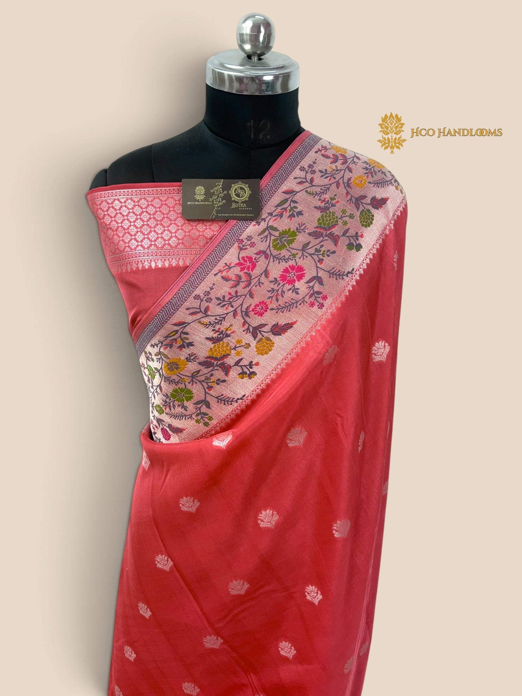 Pastel Red Matka Tussar Silk Banarasi Saree - All Over Motifs & Paithani
