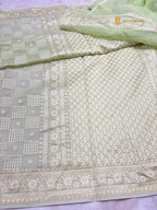 Pastel Green Premium Cotton Jamdani Banarasi Saree - All Over Jaal