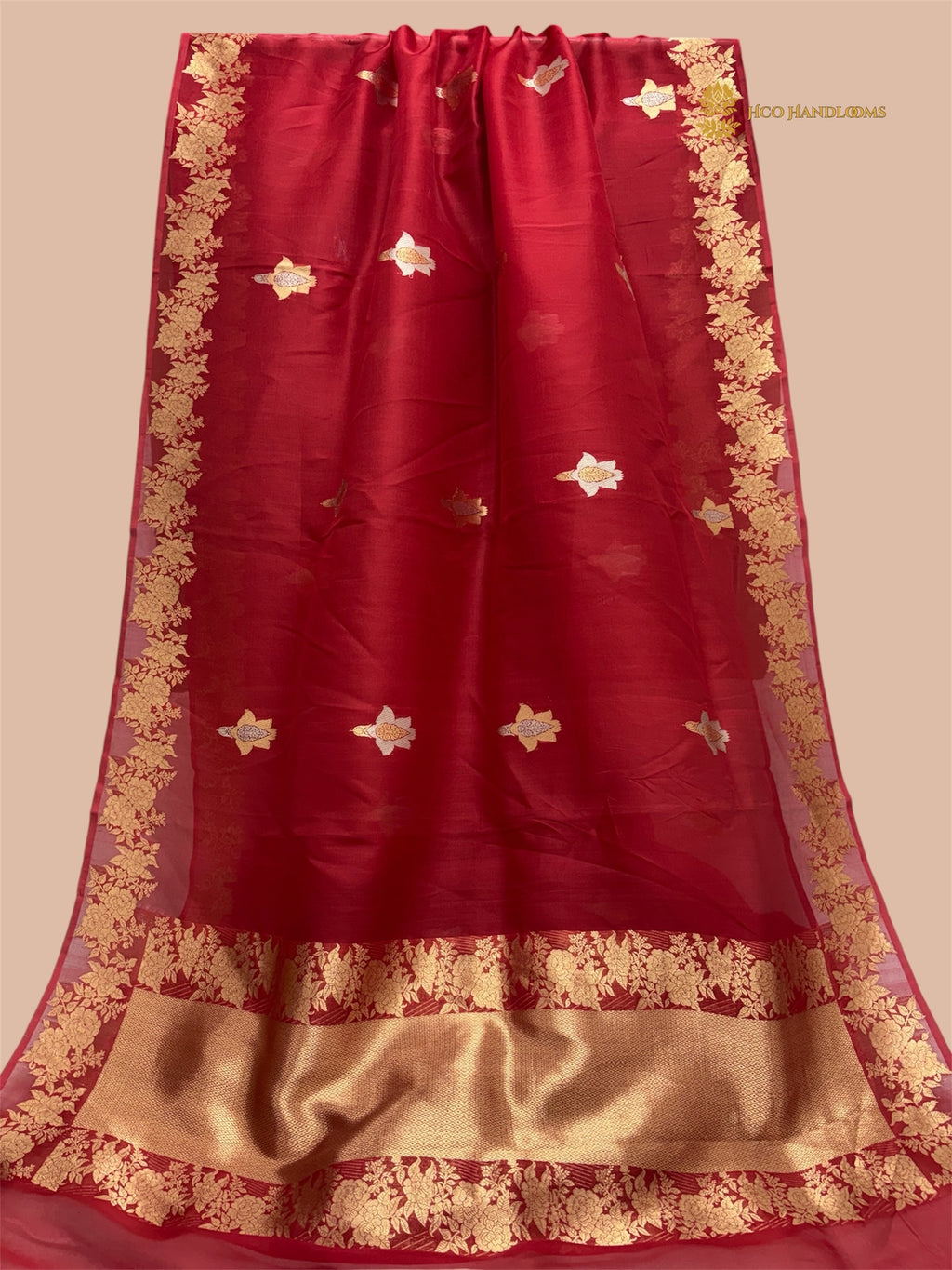 Regal Red Pure Kora Silk Handloom Banarasi Saree - All Over Sona & Roopa Kadua Motifs