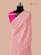 Baby Pink Pure Kora Silk Handloom Banarasi Saree - All Over Small Buti