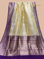 Yellow & Purple Pure Kora Silk Handloom Banarasi Saree - All Over Kadua Motifs