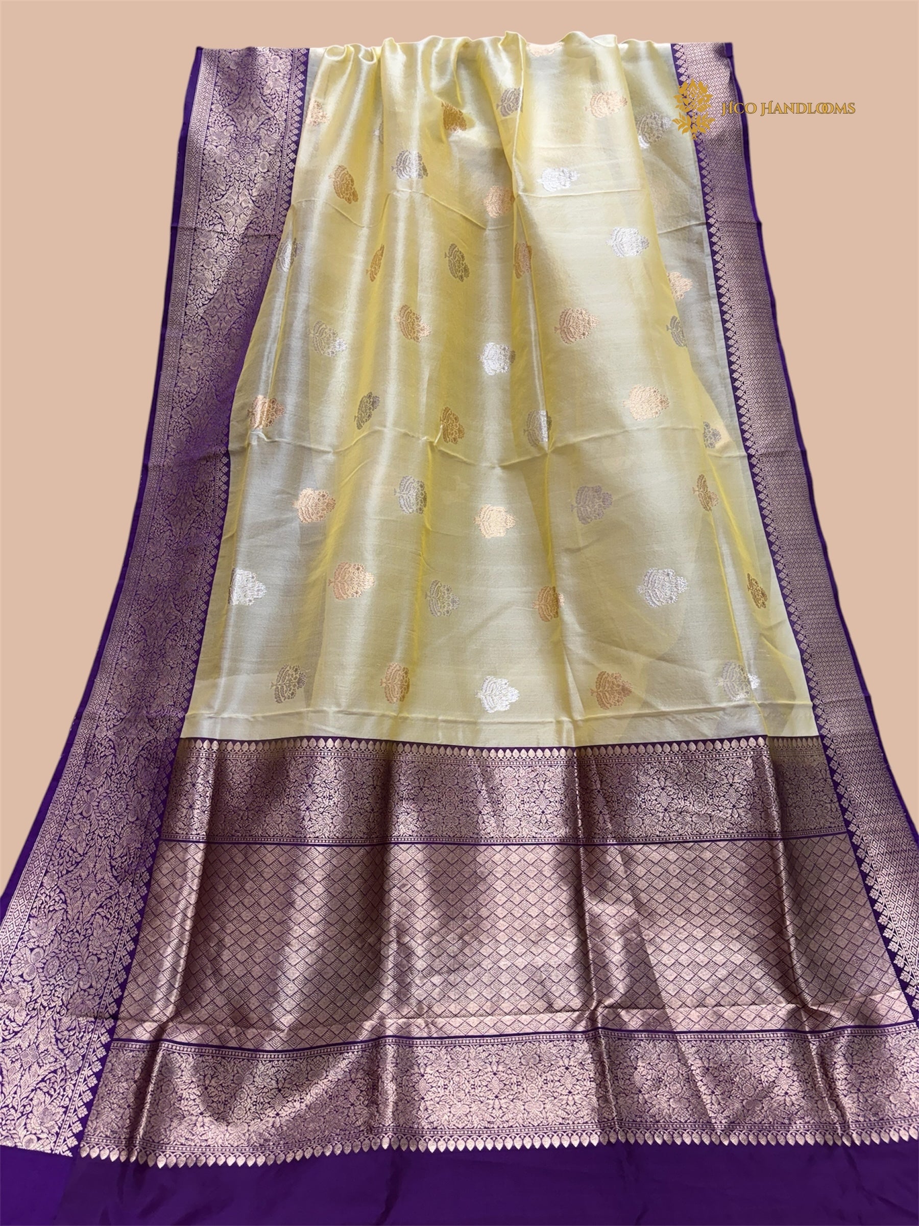Yellow & Purple Pure Tissue Silk Handloom Banarasi Saree - All Over Kadua Motifs