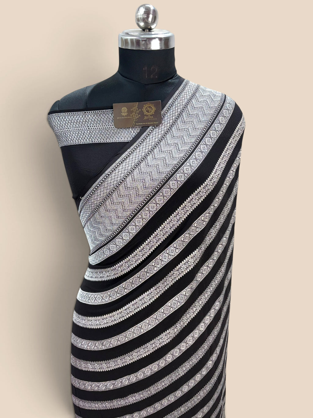 Black Pure Khaddi Georgette Silk handloom Banarasi Saree - Water Zari