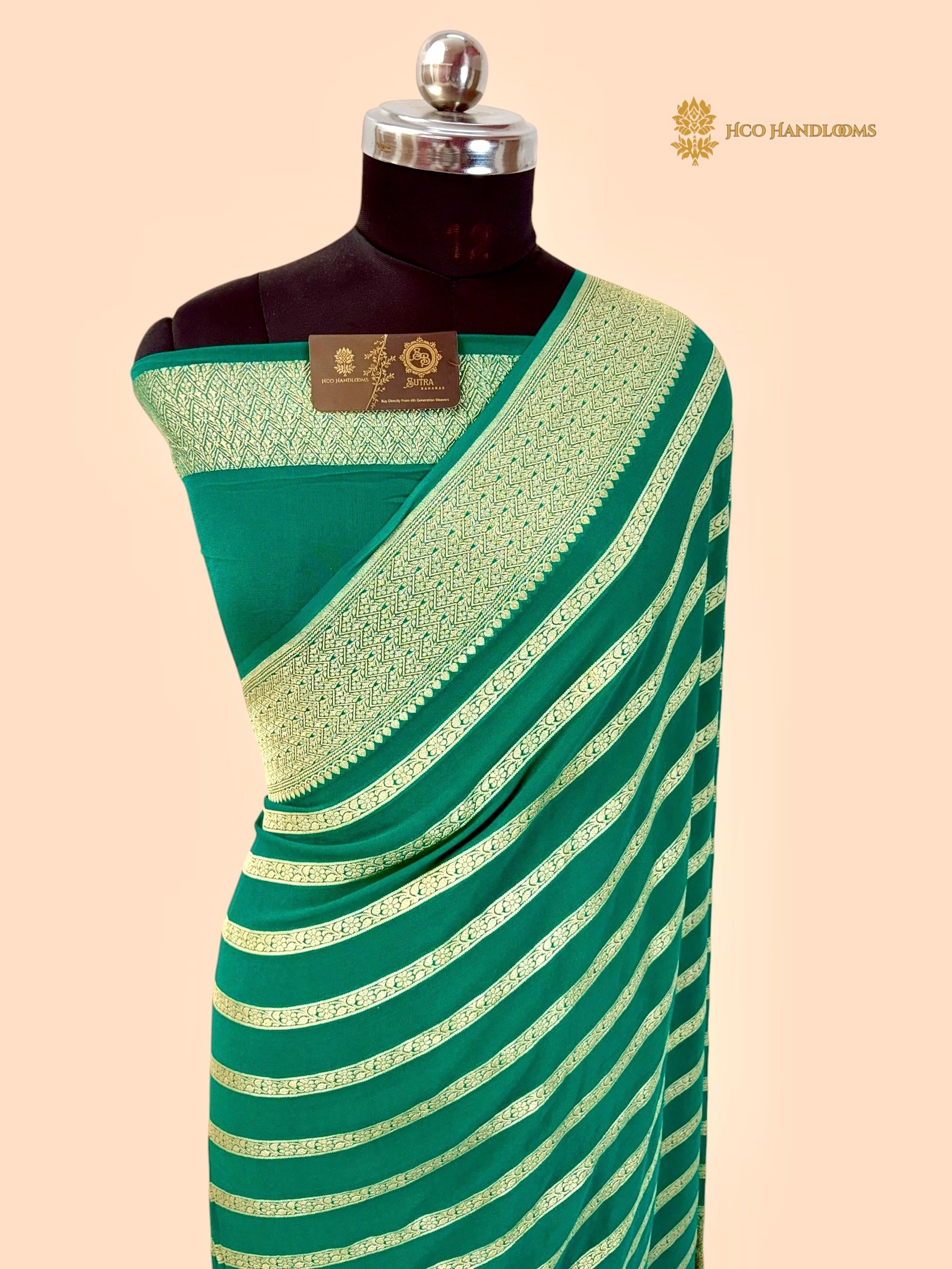 Green Pure Khaddi Georgette Silk Handloom Banarasi Saree