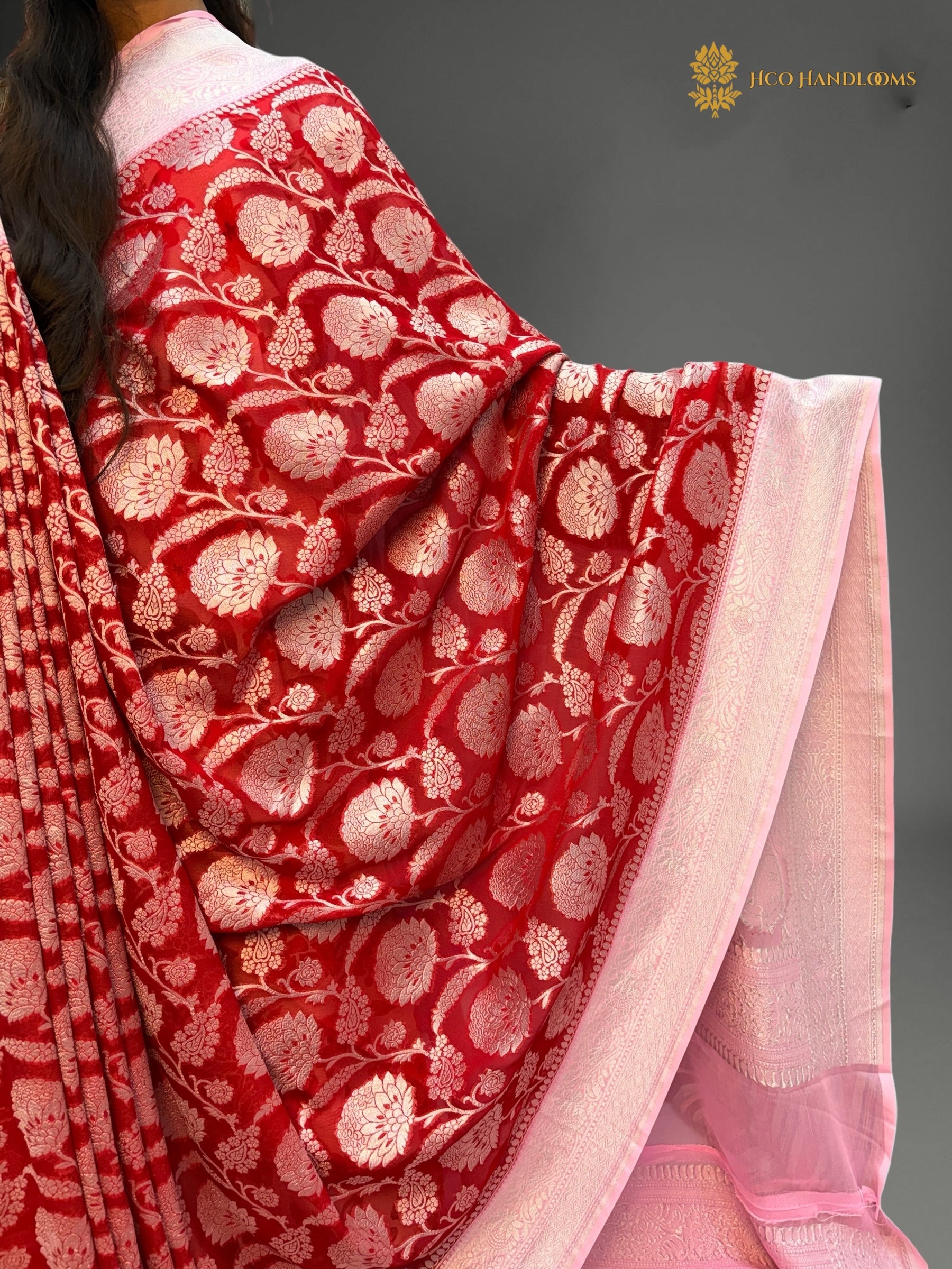 Pure Khaddi Georgette Silk Handloom Banarasi Saree With Red & Light Pink Contrast