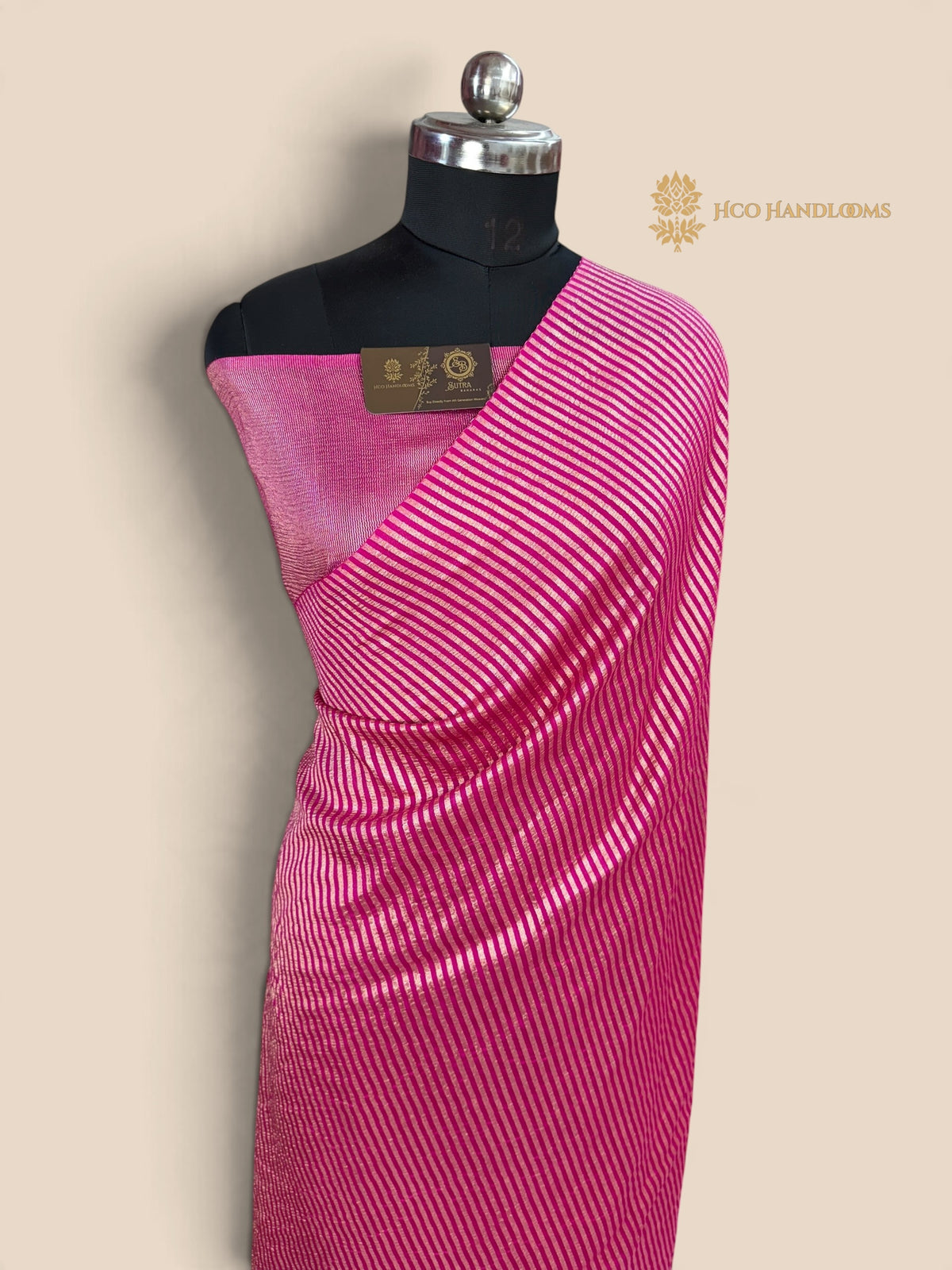Rani Pink Pure Moonga Silk Handloom Banarasi Saree - All Over Stripes