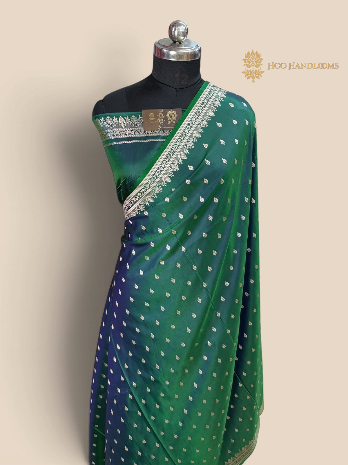 Dual Shade Green Premium Mashru Katan Silk Banarasi Saree - Small Motifs