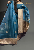 Regal Contrast Pure Kora Silk Handloom Banrasi Saree - All Over Kadhua Motifs