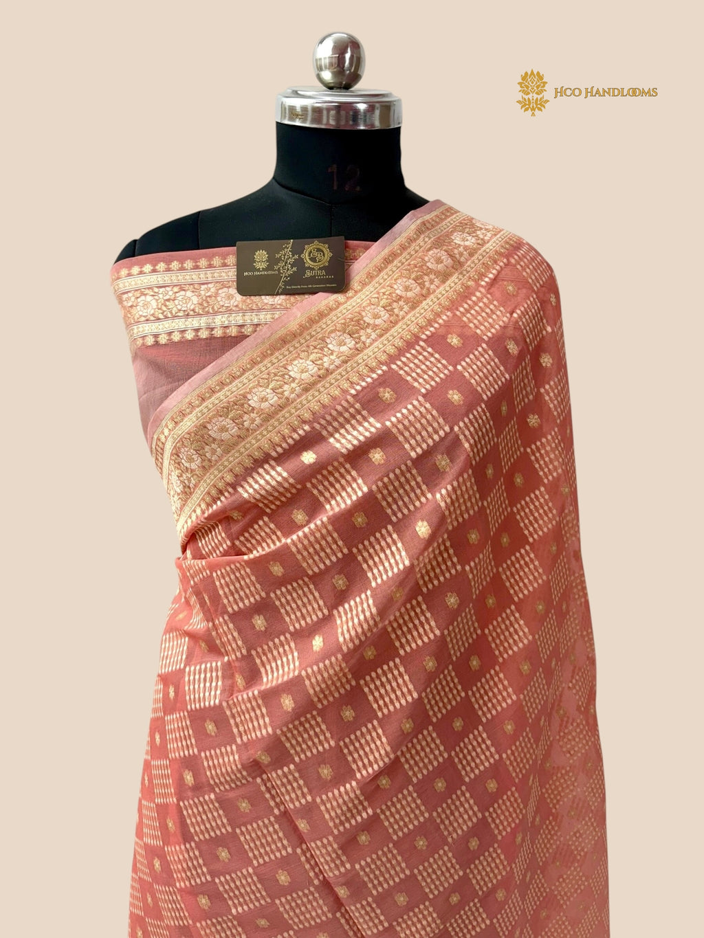 Pastel Peach Premium Cotton Jamdani Banarasi Saree - All Over Jaal