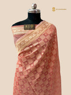 Pastel Peach Premium Cotton Jamdani Banarasi Saree - All Over Jaal