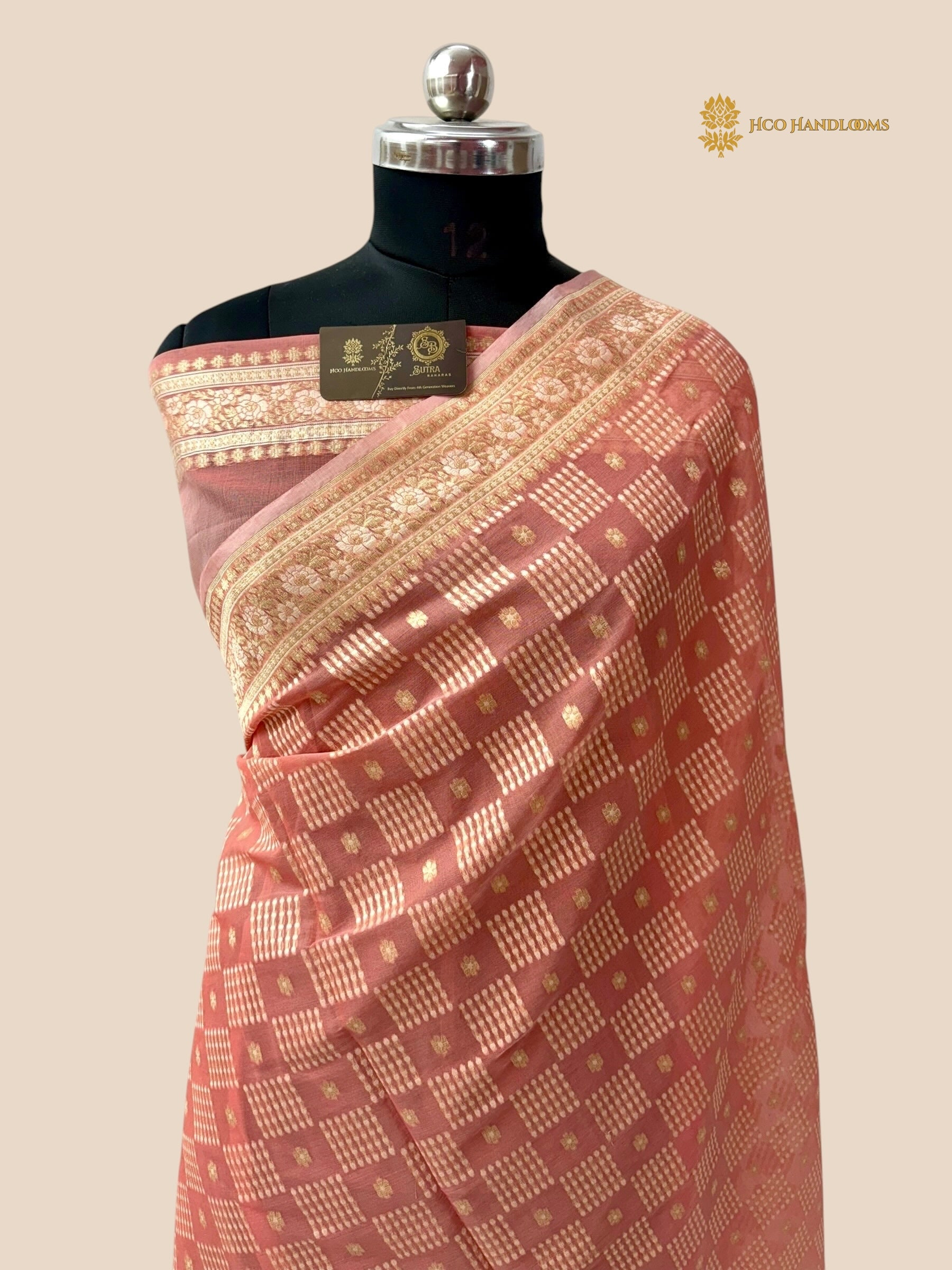 Pastel Peach Premium Cotton Jamdani Banarasi Saree - All Over Jaal