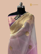 Half Ivory & Half Light Pink Pure  Kora Silk Handloom Banarasi Saree - All Over Meenakari Kadua Motifs