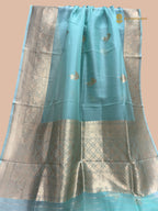 Light Blue Pure Kora Silk Handloom Banarasi Saree - All Over Kadua Motifs
