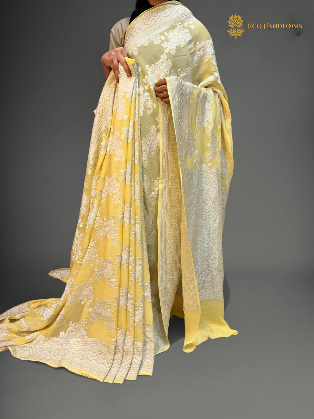 Yellow Pure Khaddi Georgette Silk Handloom Banarasi Saree - Silver Zari