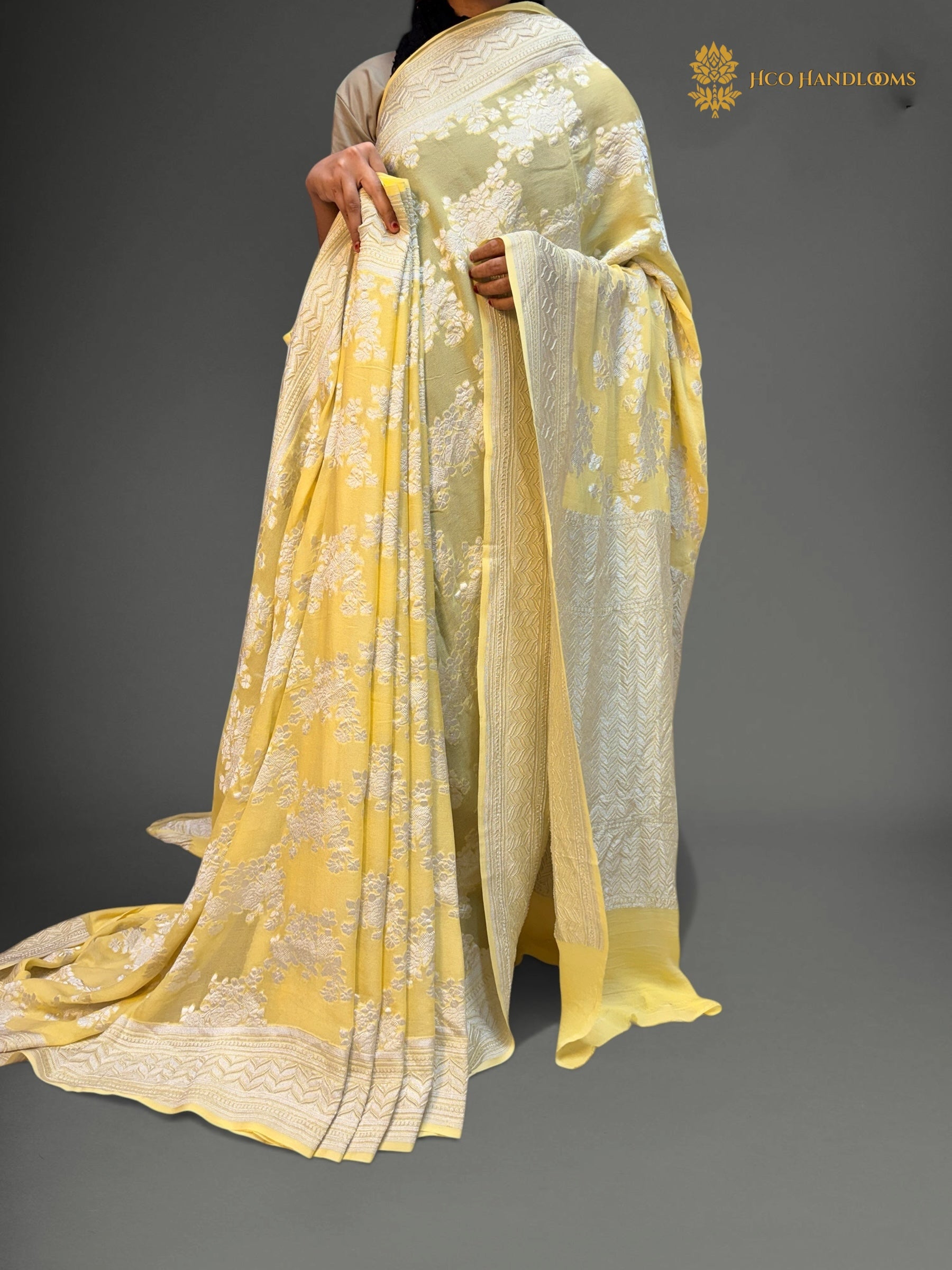 Yellow Pure Khaddi Georgette Silk Handloom Banarasi Saree - Silver Zari