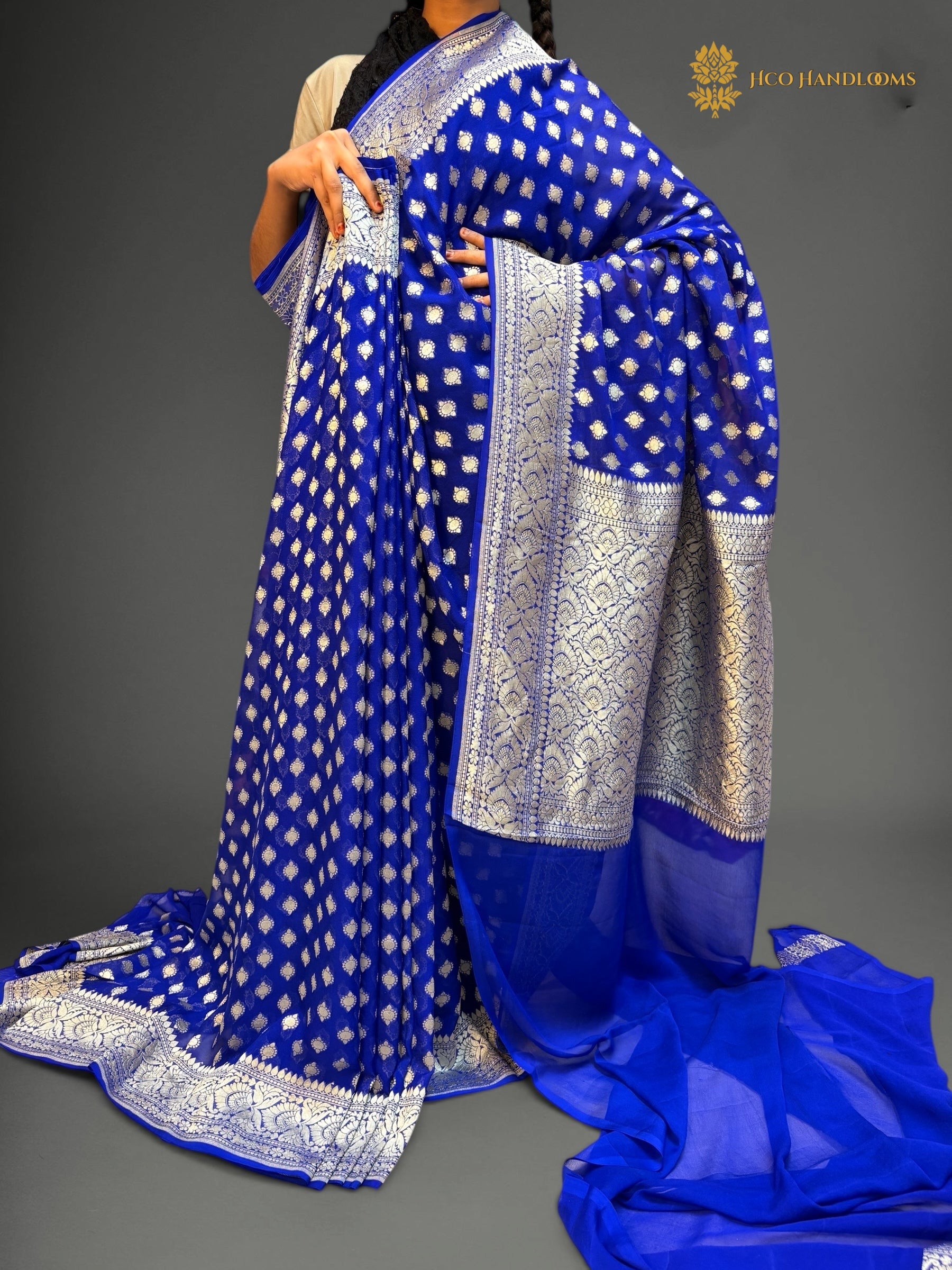 Royal Blue Pure Khaddi Georgette Silk Handloom Banarasi Saree - Silver Zari
