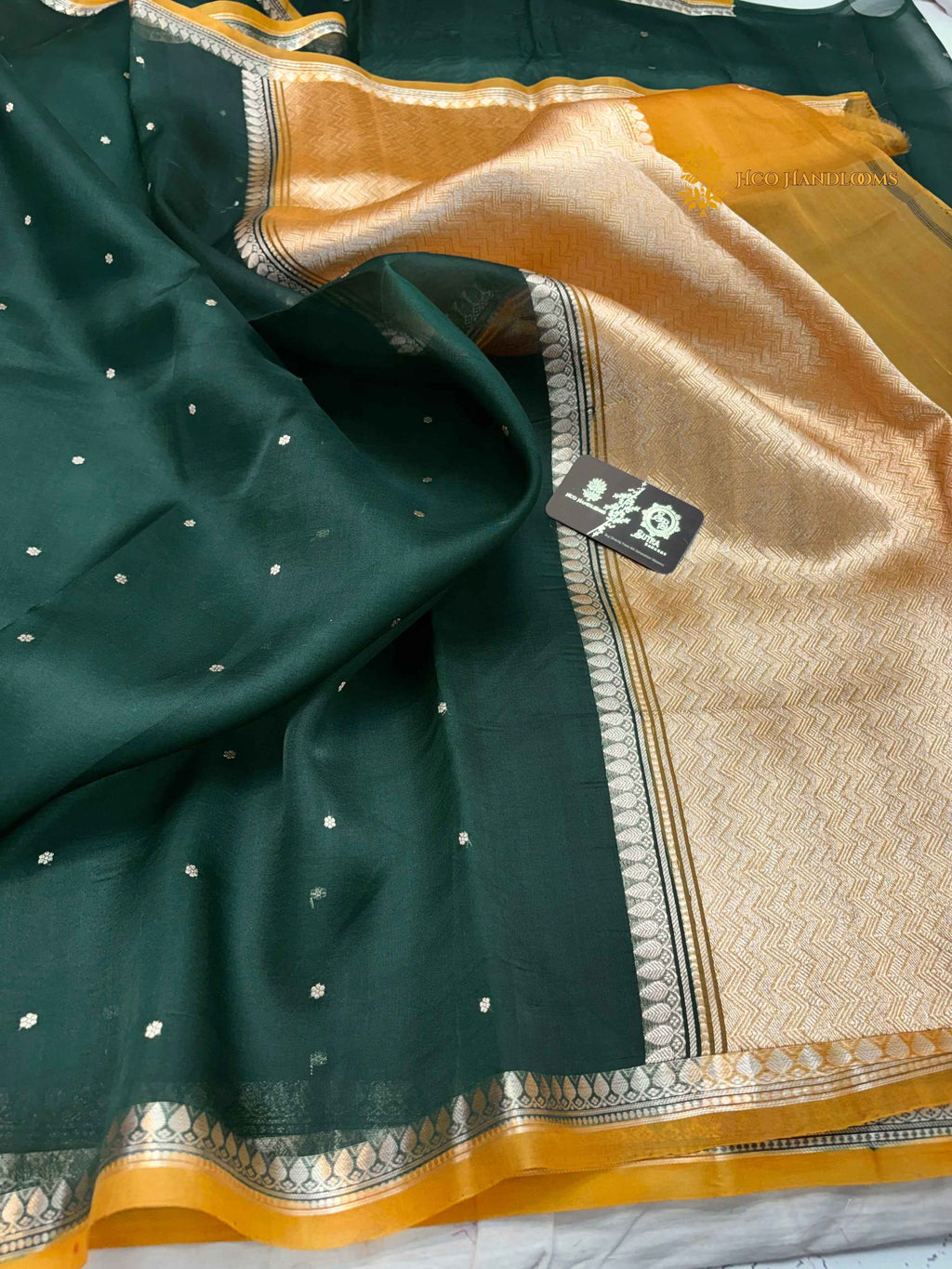 Bottle Green Pure Kora Silk Handloom Banarasi Saree - All Over Small Buti