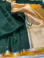 Bottle Green Pure Kora Silk Handloom Banarasi Saree - All Over Small Buti