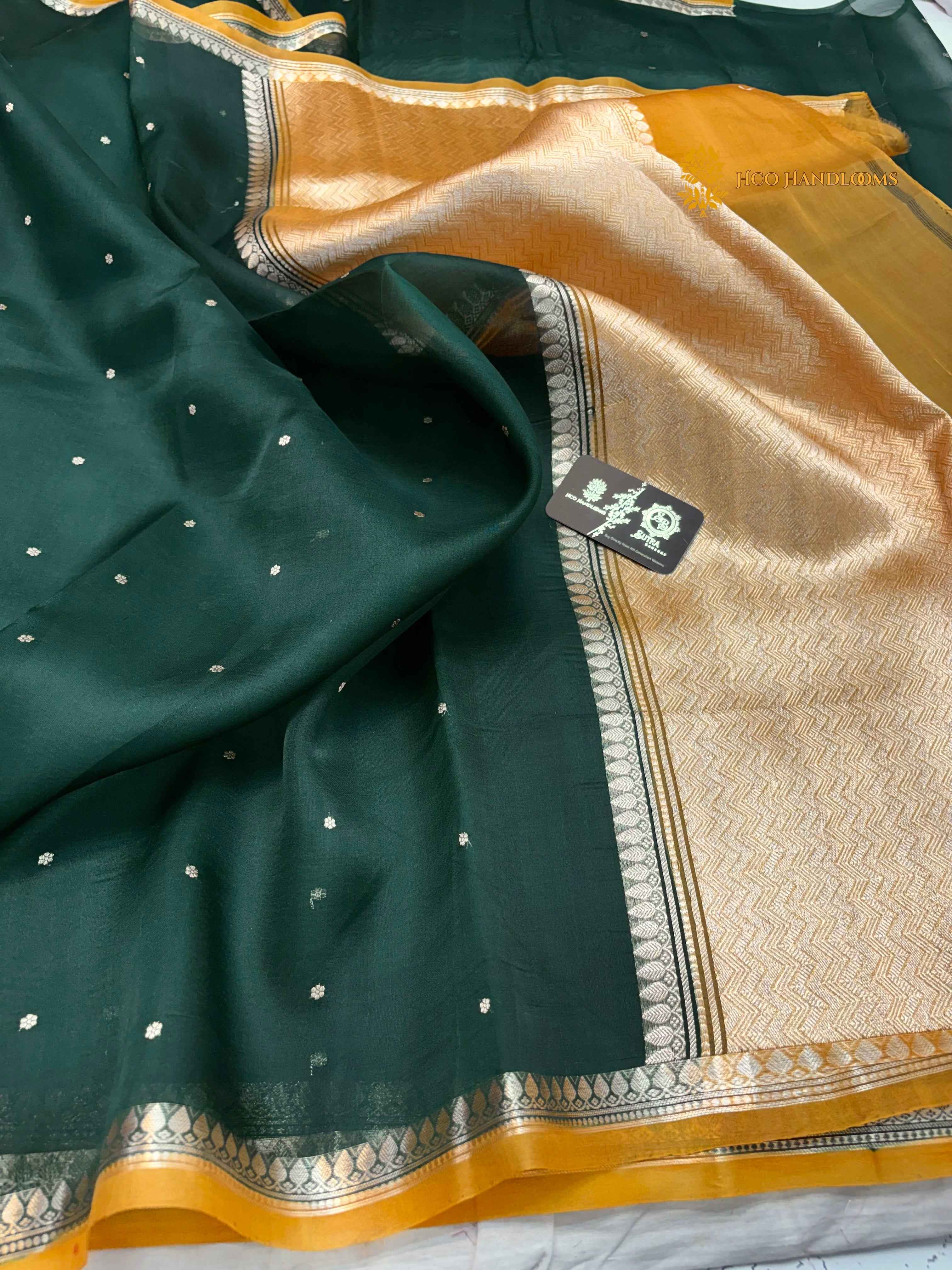 Bottle Green Pure Kora Silk Handloom Banarasi Saree - All Over Small Buti