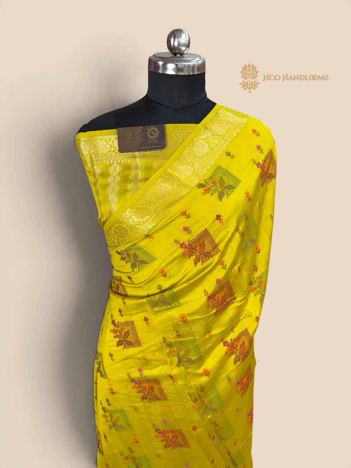 Yellow Pure Chiniya Silk Handloom Banarasi Saree - All Over Meenakari Motifs