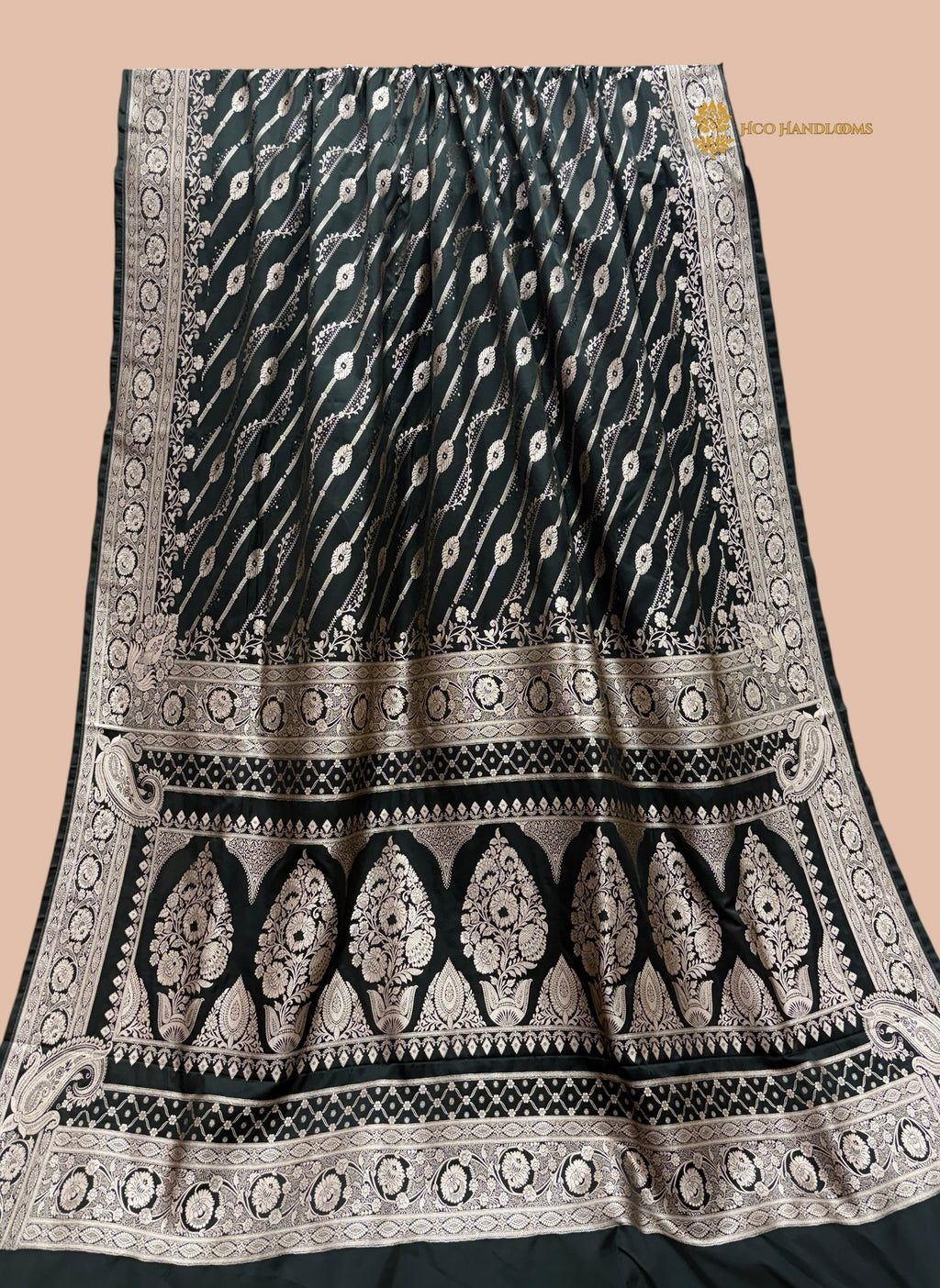Regal Black Premium Mashru Katan Silk Banarasi Saree - All Over Diagonal Stripes