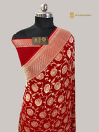 Red Pure Khaddi Georgette Silk Handloom Banarasi Saree - Water Zari