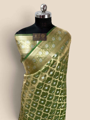 Green Pure Tissue Silk Handloom Banarasi Saree - Jaal Motifs